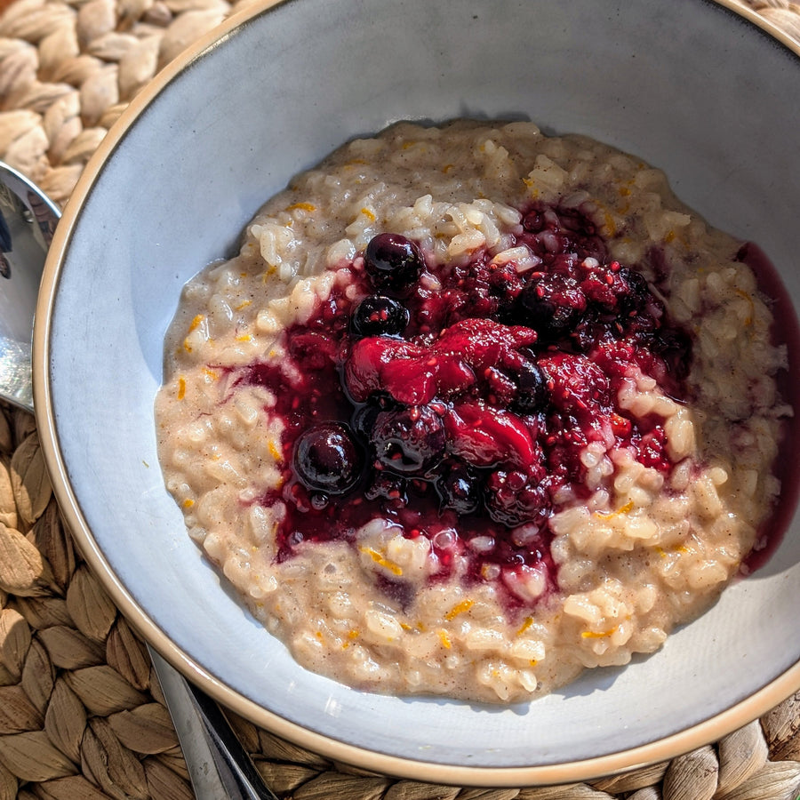 No-milk Rice Pudding with Very Berry Sauce